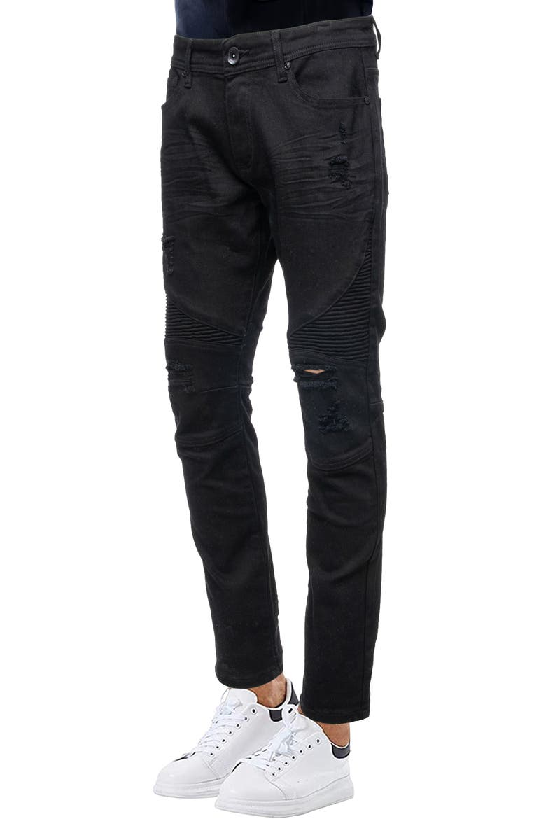 Raw X Distressed Moto Slim Jeans, Alternate, color, JET BLACK
