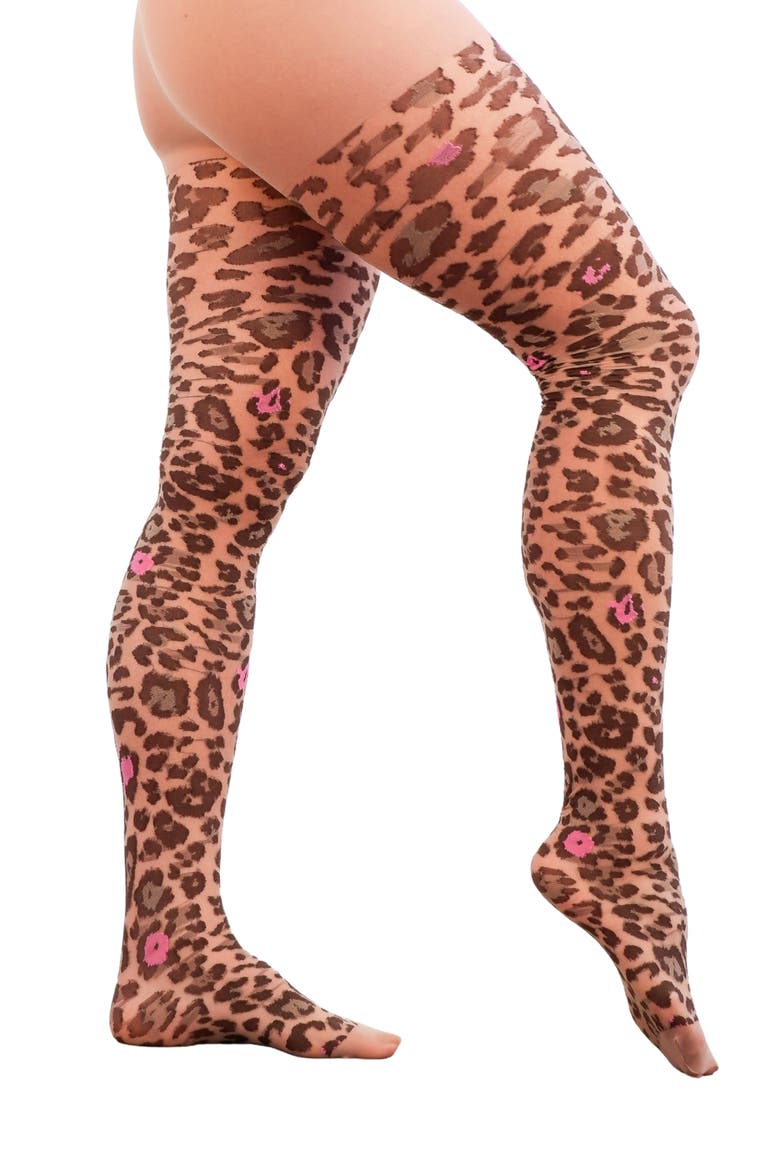 Pink Pop Leopard Sheer Tights, Main, color, BROWN/ PINK