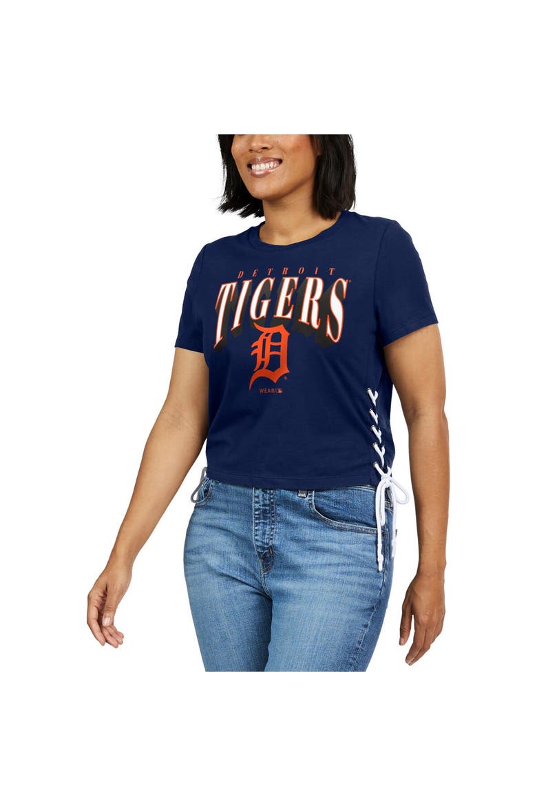 Women's WEAR by Erin Andrews Navy Detroit Tigers Side Lace-Up Cropped T-Shirt, Alternate, color, Navy