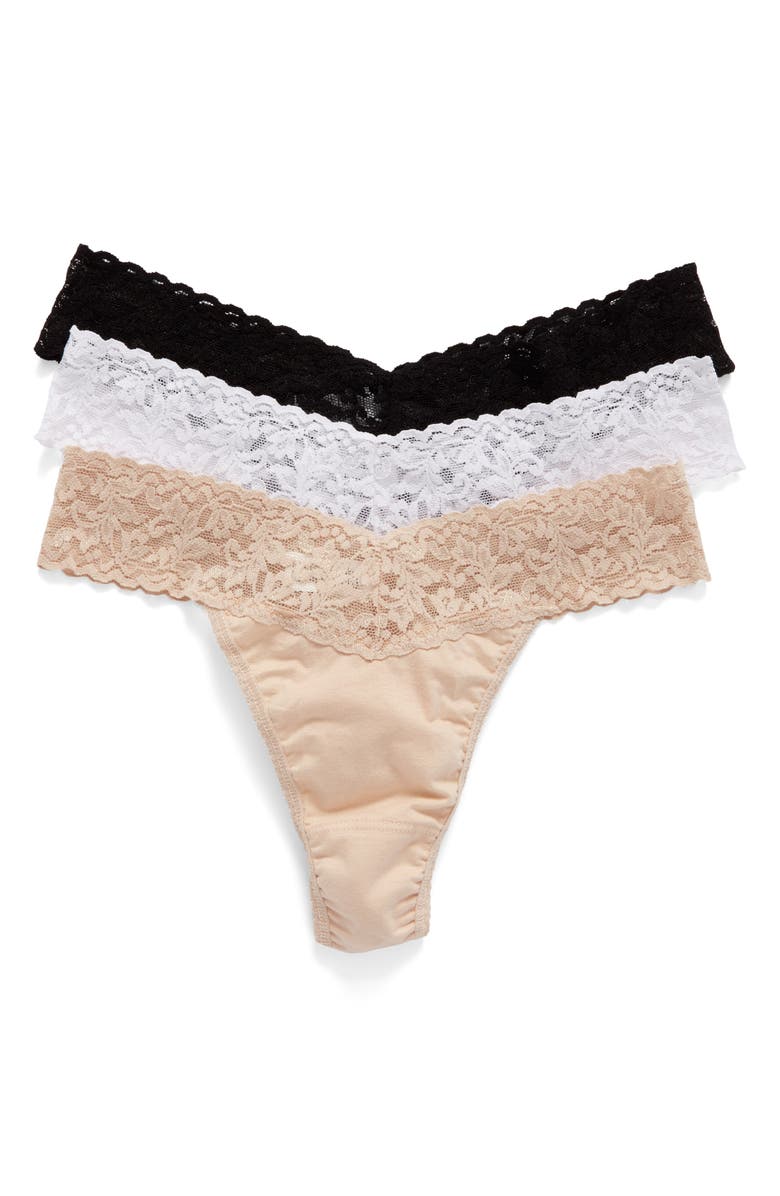 Supima<sup>®</sup> Cotton & Lace Assorted 3-Pack Original Rise Thongs