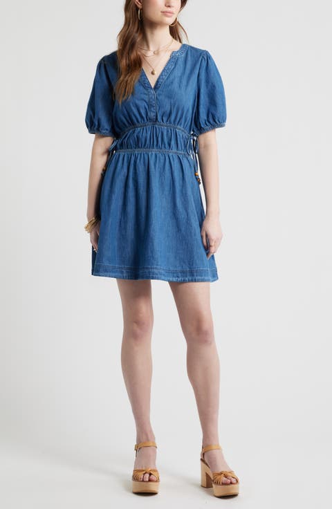 Puff Sleeve Cotton Chambray Minidress
