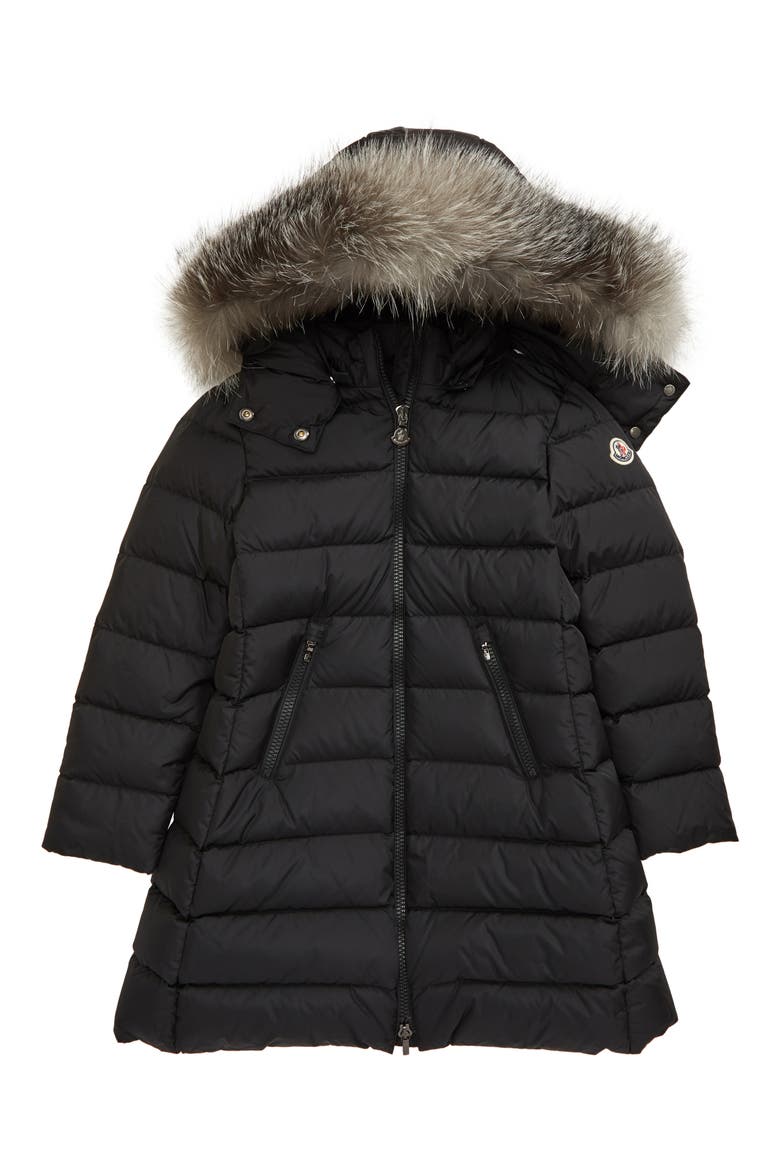 Kids' Abelle Water Resistant Down Puffer Coat with Genuine Fox Fur Trim, Main, color, BLACK