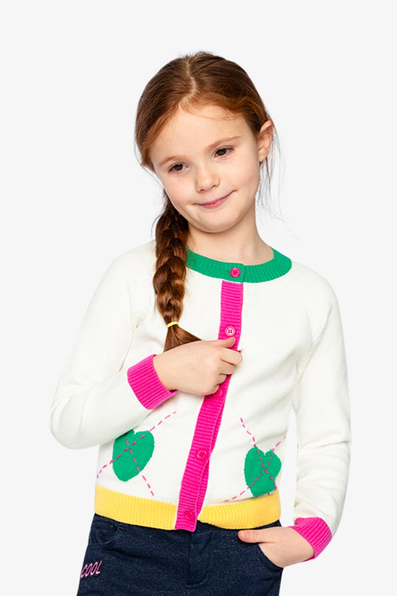 Heart Pocket Button Front Knitted Cardigan, Alternate, color, Off-White, Green and Pink
