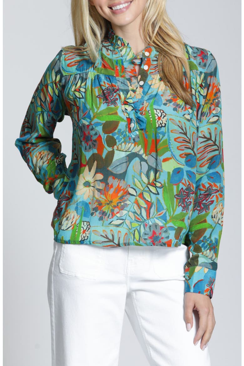 Floral Ruffle Placket Top, Main, color, TEAL BLUE MULTI