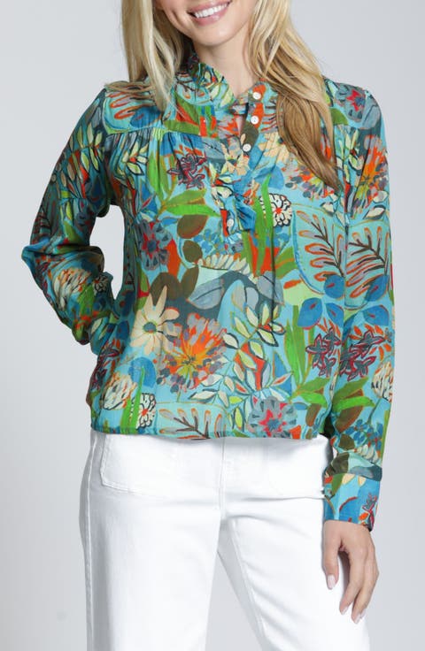 Floral Ruffle Placket Top