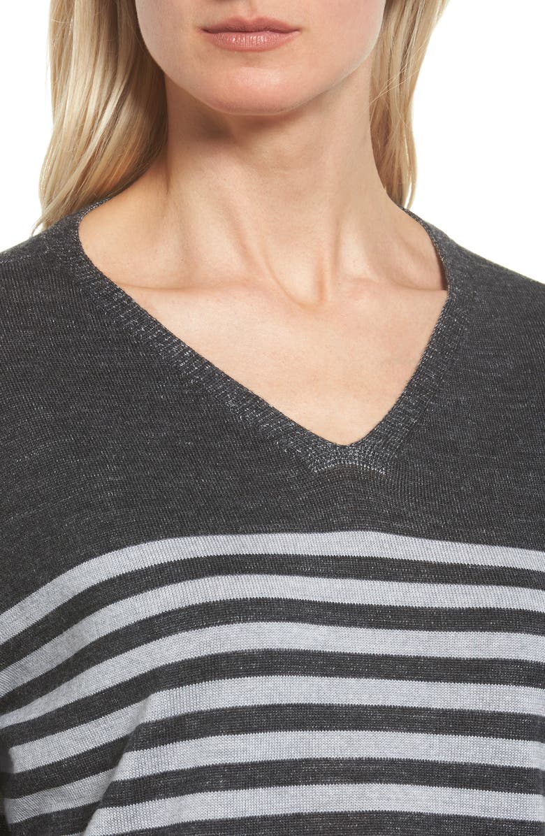 Eileen Fisher Stripe Merino Wool Pullover, Alternate, color, Charcoal/ Dark Pearl