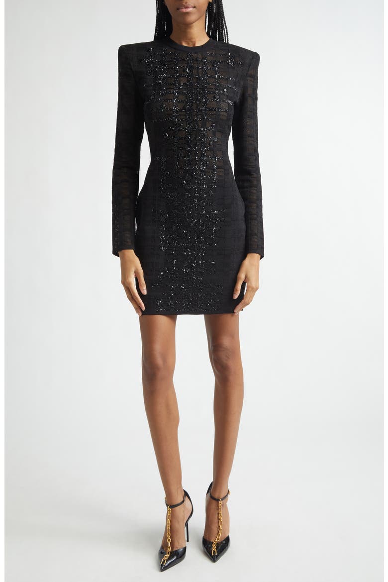Tartan Tattoo Embellished Long Sleeve Minidress, Main, color, 0PA BLACK