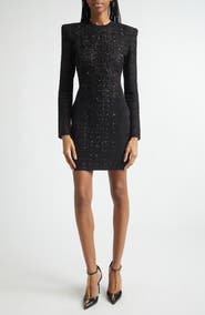 Balmain Tartan Tattoo Embellished Long Sleeve Minidress