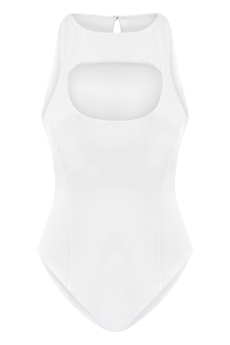 Pera Bodysuit Denim Jumpsuit - Stylish Cutout, Main, color, Off-White