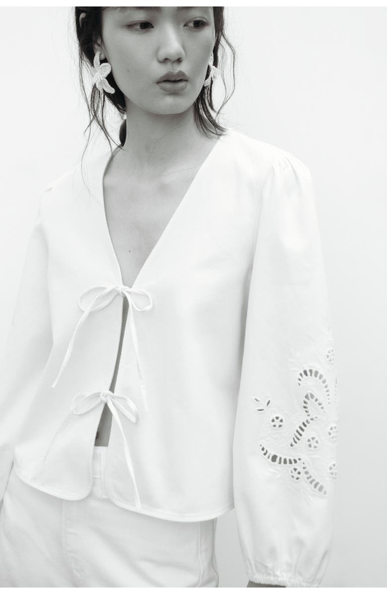 H&M Tie-detail Broderie Anglaise Jacket, Alternate, color, Cream