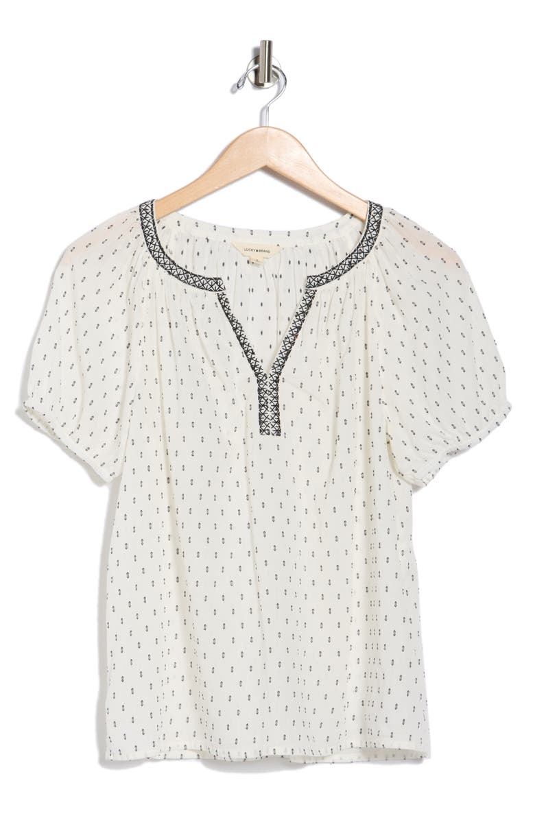 Lucky Brand Embroidered Puff Sleeve Cotton Blend Top, Alternate, color, Cream