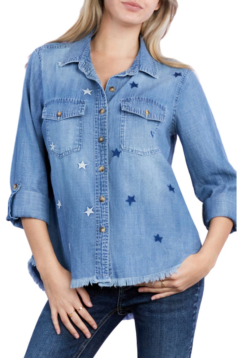 Embroidered Star Denim Button-Up Shirt, Main, color, DENIM