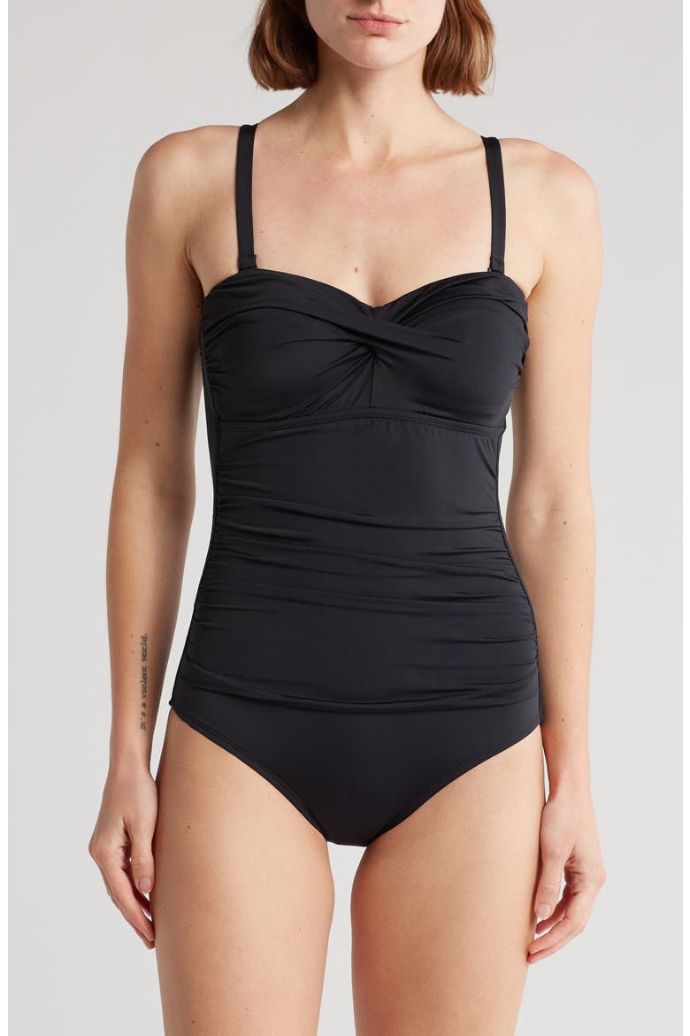 Flora Bandeau One Piece Swimsuit, Main, color, BLACK