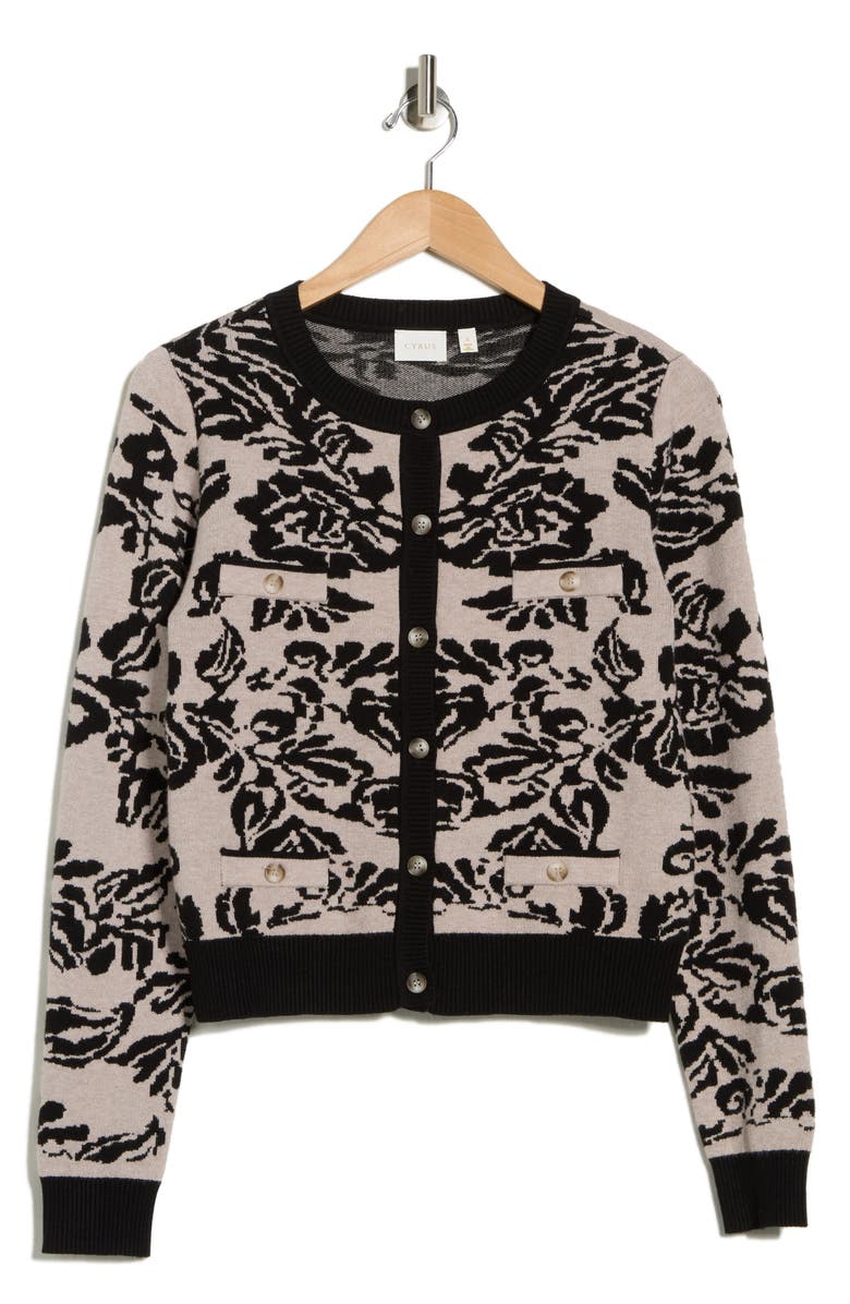 CYRUS Boyfriend Jacquard Cardigan, Main, color, Vienna Pattern Black