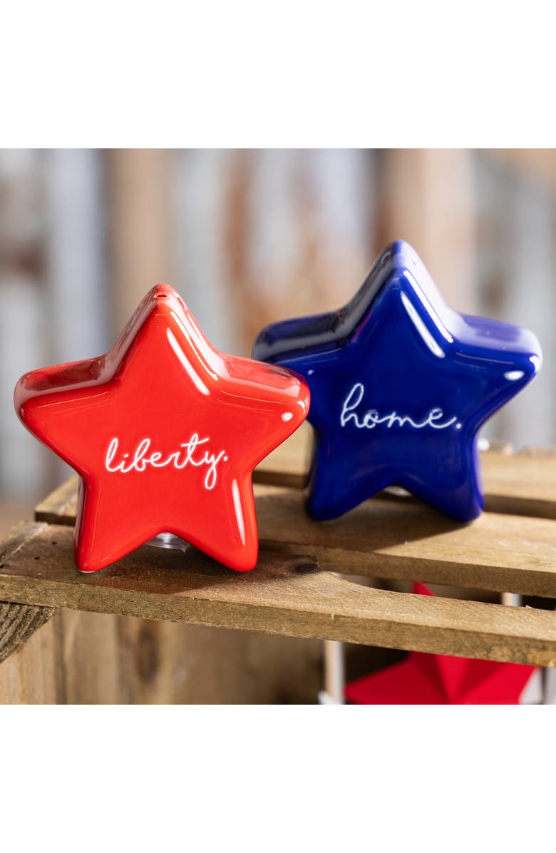 Transpac Dolomite 3.25 in Multicolor Patriotic Star Salt and Pepper Shaker Set of 2 for July 4th Americana Decor, Main, color, Multicolored