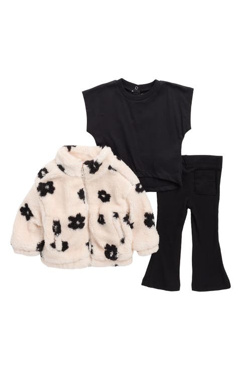 Floral Faux Shearling Jacket, Top & Leggings Set (Baby)