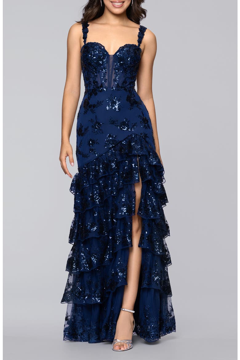Sequin Embroidered Tiered Tulle Gown, Main, color, NAVY