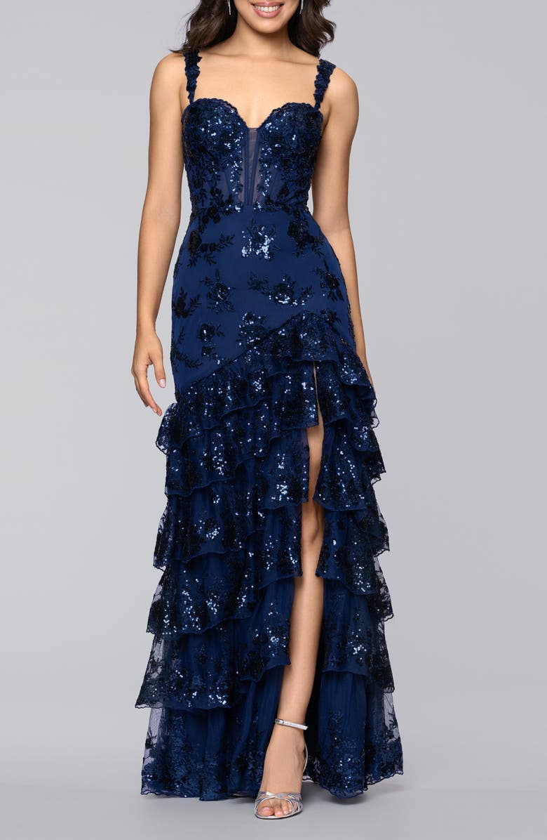 Blondie Nites Sequin Embroidered Tiered Tulle Gown, Main, color, Navy