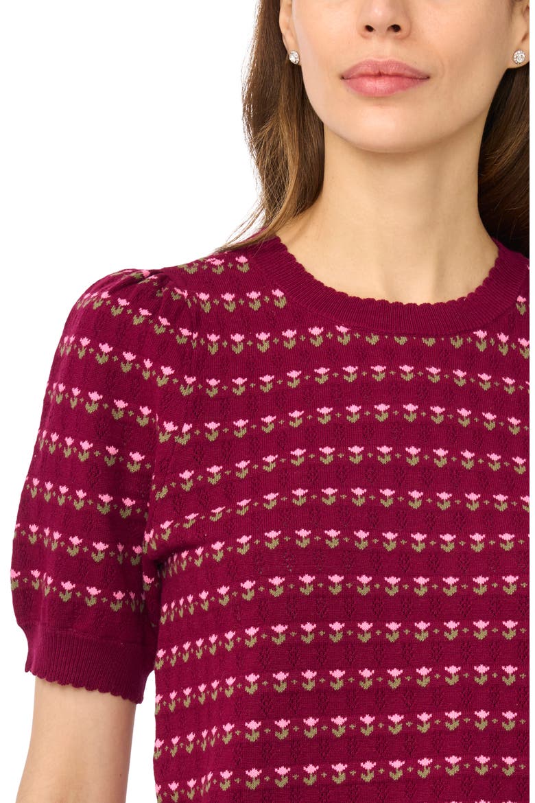 Flower Pointelle Short Sleeve Sweater, Alternate, color, DEEP MULBERRY