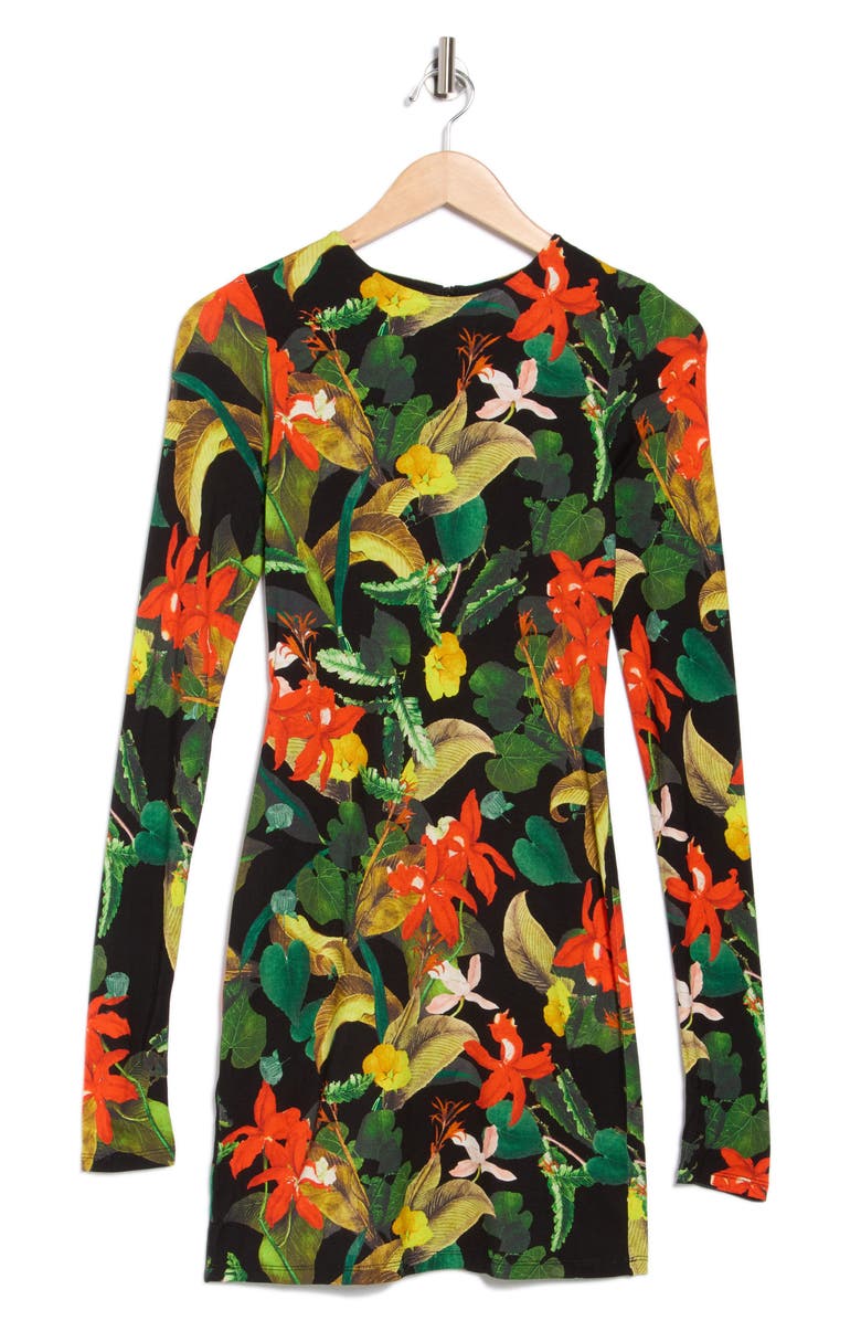 Alice + Olivia Delora Tropical Print Long Sleeve Minidress, Alternate, color, Tropical Sunrise Black