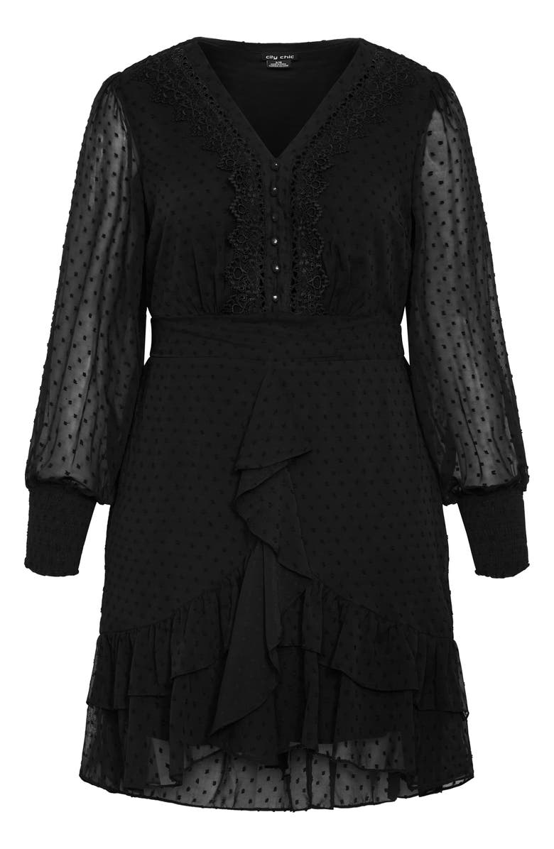 City Chic Lea Clip Dot Lace Trim Long Sleeve Dress, Alternate, color, 