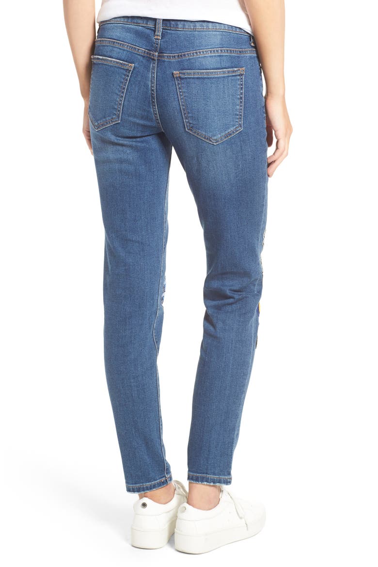 Patch Skinny Jeans, Main, color, MEDIUM DARK