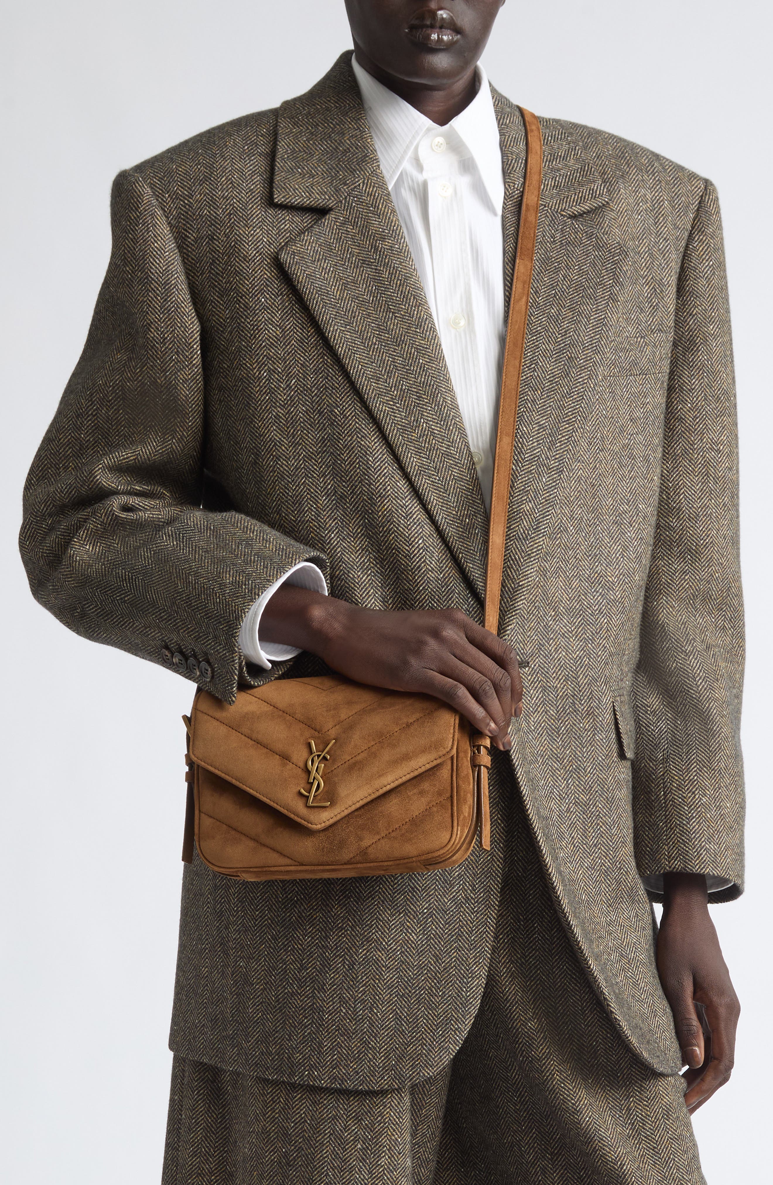 Toy Loulou Matelassé Suede Crossbody Bag, Alternate, color, CARAMEL COGNAC