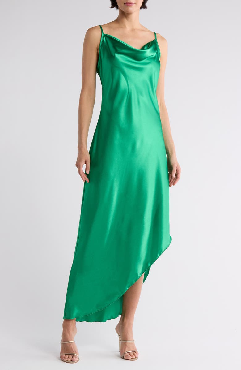 bebe Asymmetric Satin Slipdress, Main, color,