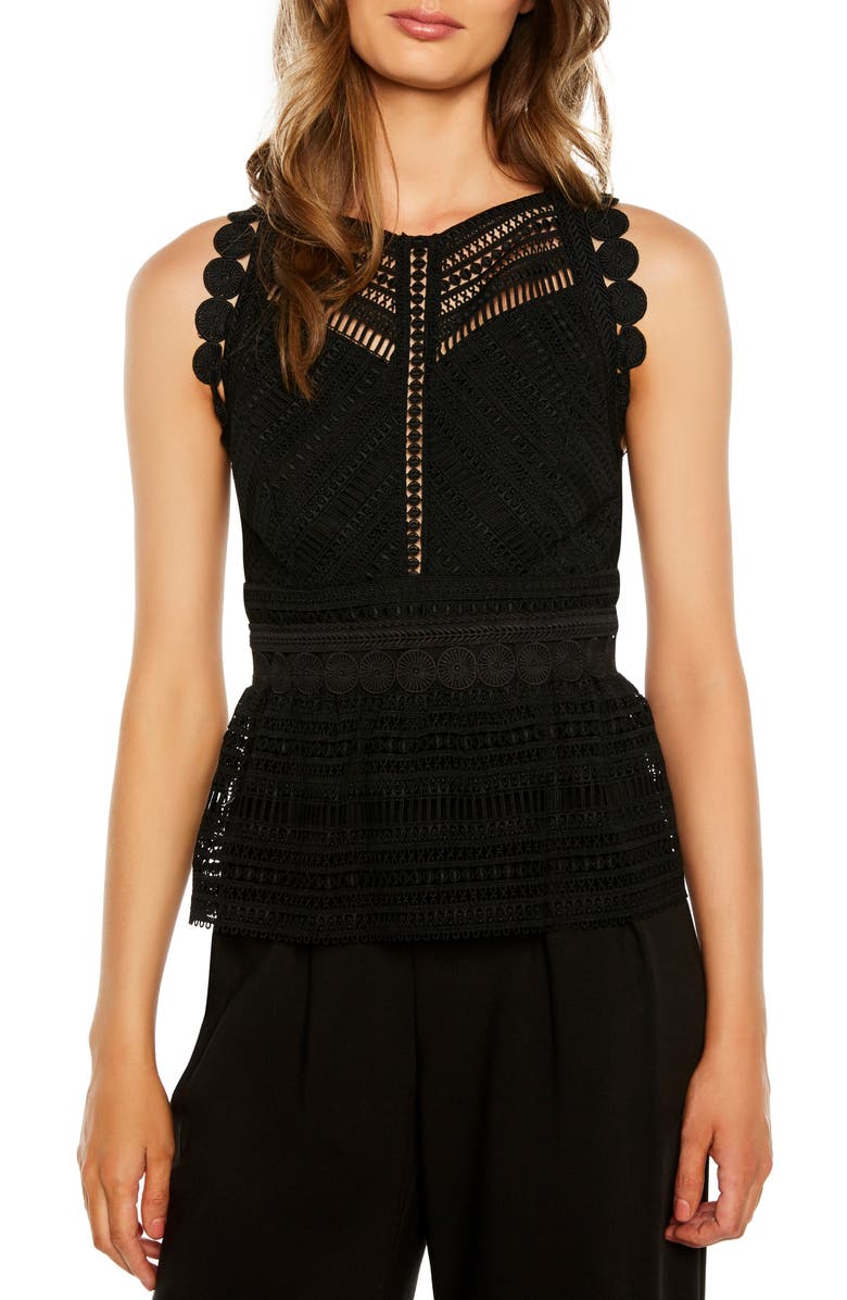 Bardot Delilah Lace Peplum Sleeveless Blouse, Main, color,