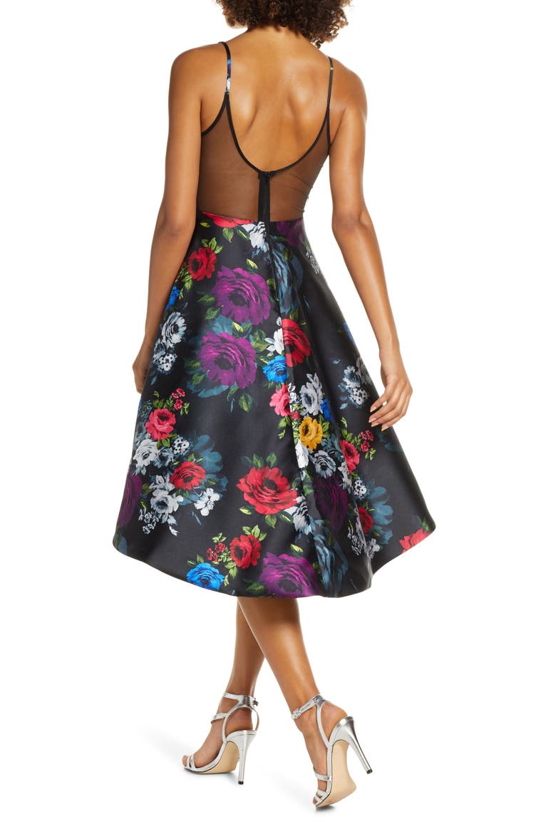 Floral Print High/Low Mikado Cocktail Dress, Alternate, color, BLACK/ MULTI