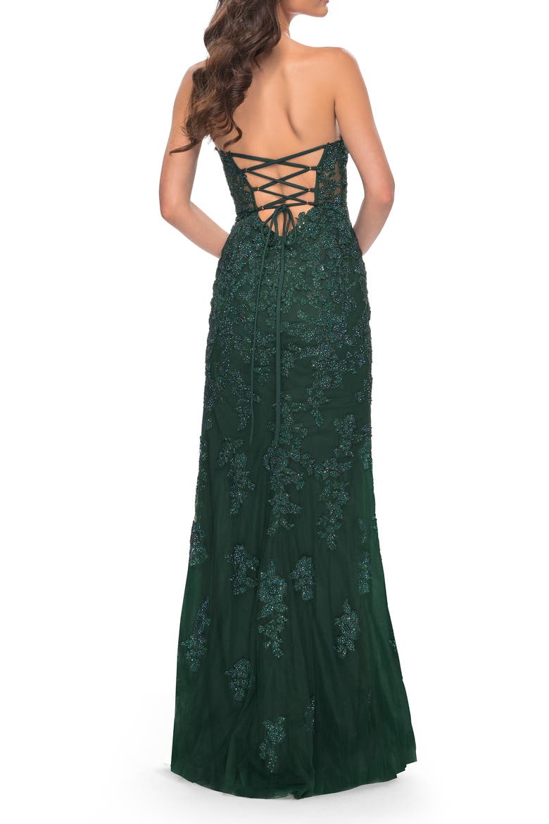 Jewel Tone Embroidered Lace Fitted Prom Dress with Lace Edge Slit, Alternate, color, Dark Emerald