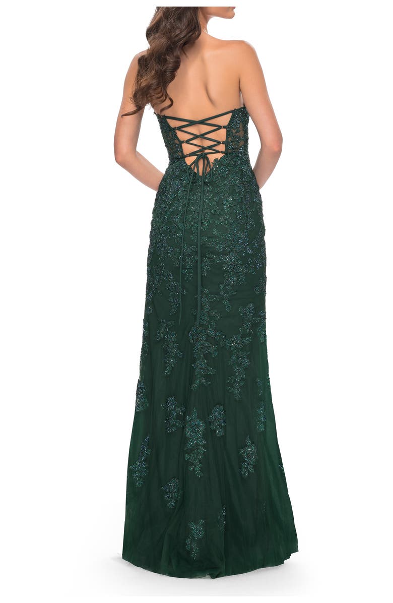 La Femme Jewel Tone Embroidered Lace Fitted Prom Dress with Lace Edge Slit, Alternate, color, 