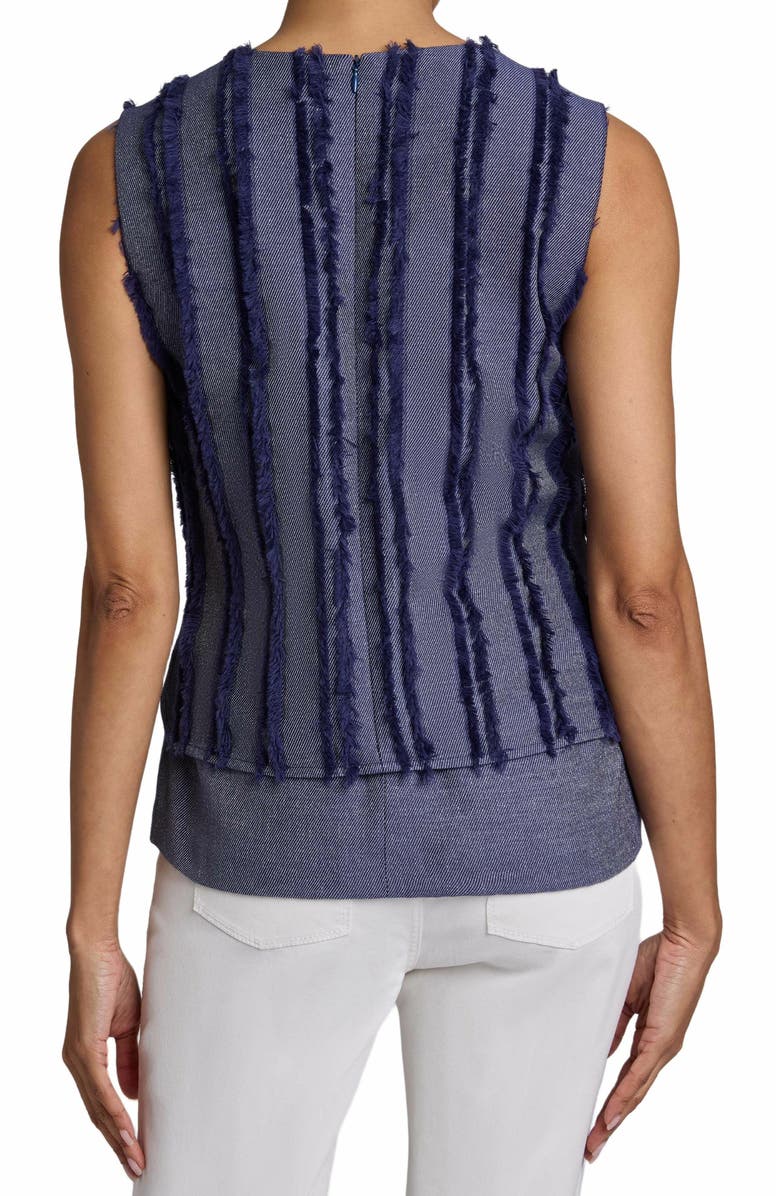 Santorelli CATERINA Sleeveless Top with Zipper Detail in Stripe Fringed Denim, Alternate, color, 