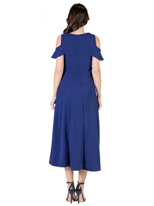 24seven Comfort Apparel Plus Size Ruffle Cold Shoulder A Line Maxi Dress In Blue