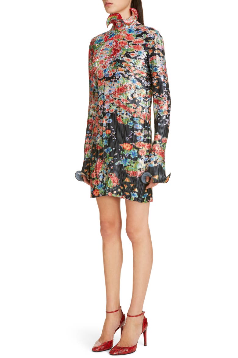 Bloom Long Sleeve Plissé Minidress, Alternate, color, RED/ BLACK