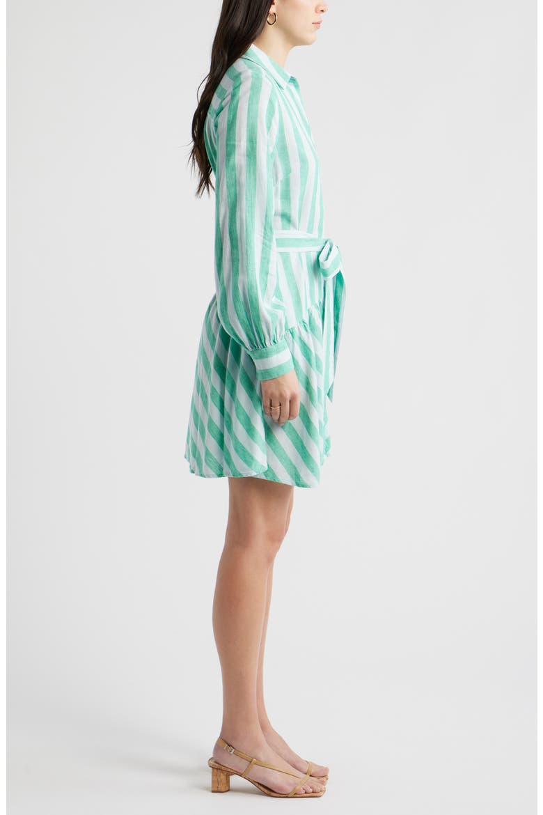 Long Sleeve Linen Blend Mini Shirtdress, Alternate, color, BLUE- GREEN CABANA STRIPE