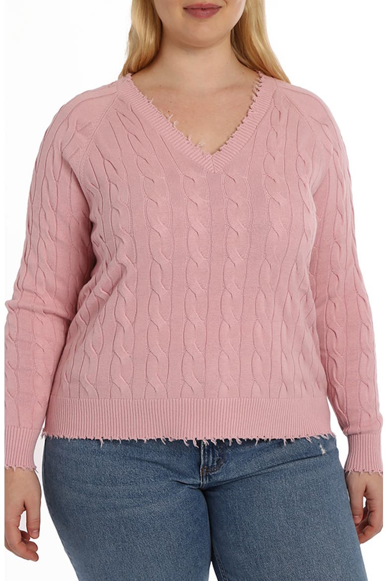 Frayed V-Neck Cable Knit Cotton Sweater, Main, color, PINK PEARL