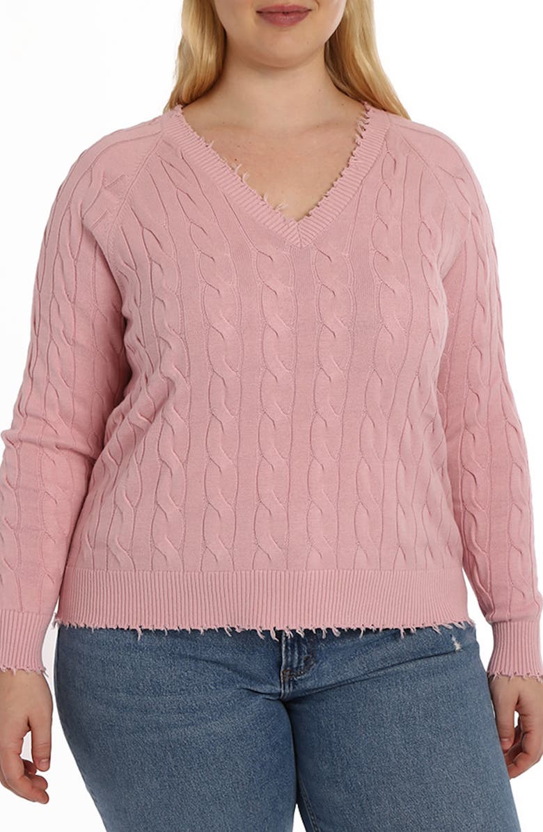 MINNIE ROSE Frayed V-Neck Cable Knit Cotton Sweater, Main, color, Pink Pearl