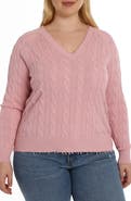 MINNIE ROSE Frayed V-Neck Cable Knit Cotton Sweater