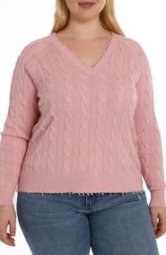 MINNIE ROSE Frayed V-Neck Cable Knit Cotton Sweater