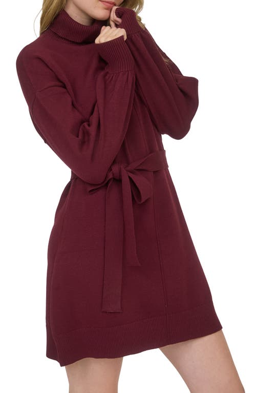 August Sky Long Sleeve Turtleneck Sweater Minidress In Burgundy