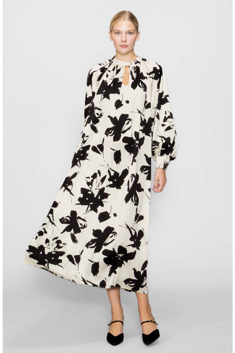 Floral Print Long Sleeve Maxi Dress, Alternate, color, BONE/ BLACK PRINT