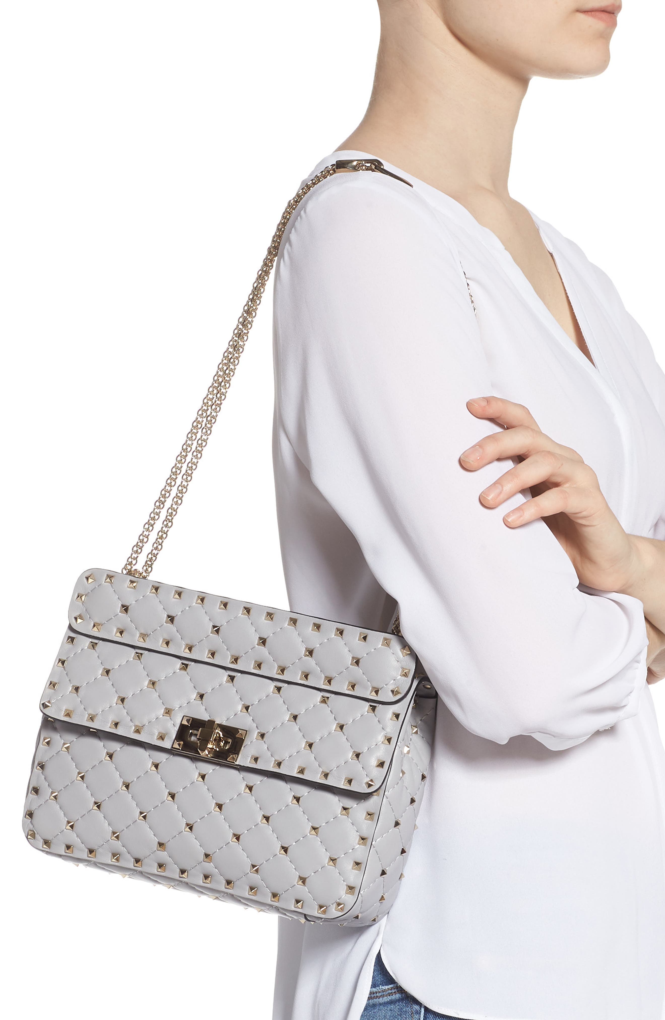 Valentino Garavani Medium Rockstud Matelassé Quilted Leather Shoulder Bag, Alternate, color, 