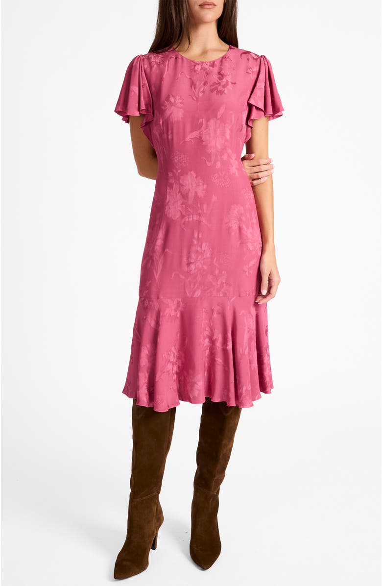 Santorelli Grazia Flutter Sleeve Sheath Dress in Floral Jacquard, Alternate, color, Crushed Berry