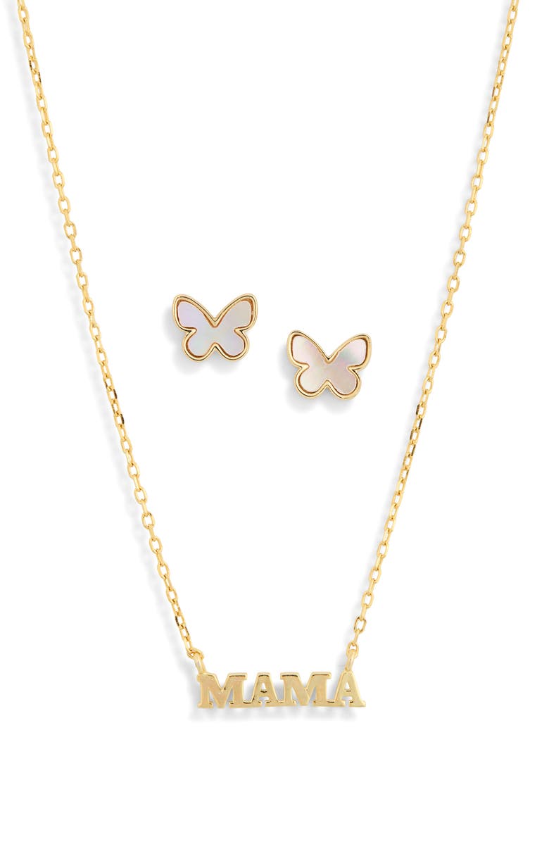 ARGENTO VIVO Mama Pendant Necklace & Mother-of-Pearl Butterfly Stud Earrings Set, Main, color, 