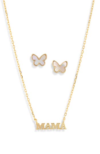 Argento Vivo Mama Pendant Necklace & Mother-of-pearl Butterfly Stud Earrings Set