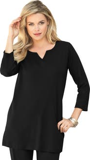 Roaman's Plus Size Three Quarter Sleeve Notch Neck Soft Knit Tunic