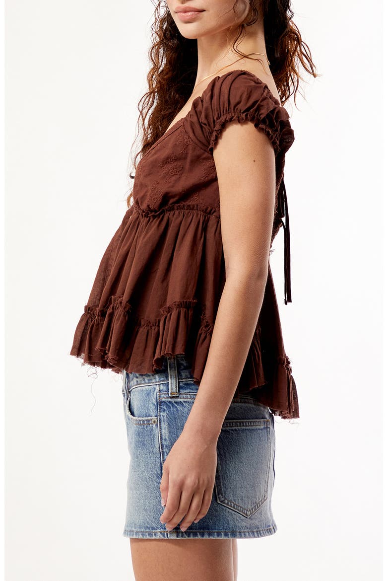Ellie Lace Trim Embroidered Bodice Smocked Back Cotton Top, Alternate, color, BROWN