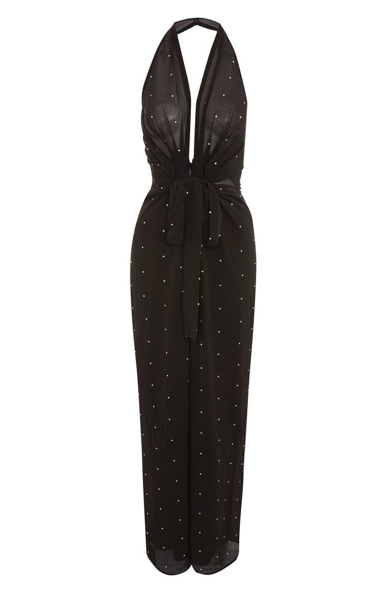 Topshop Crystal Embellished Halter Jumpsuit, Alternate, color, 