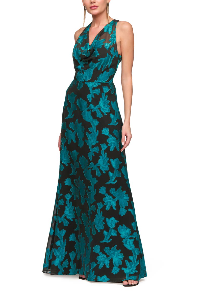 Melba Cowl Neck Chiffon Gown, Alternate, color, BLACK/ SEA